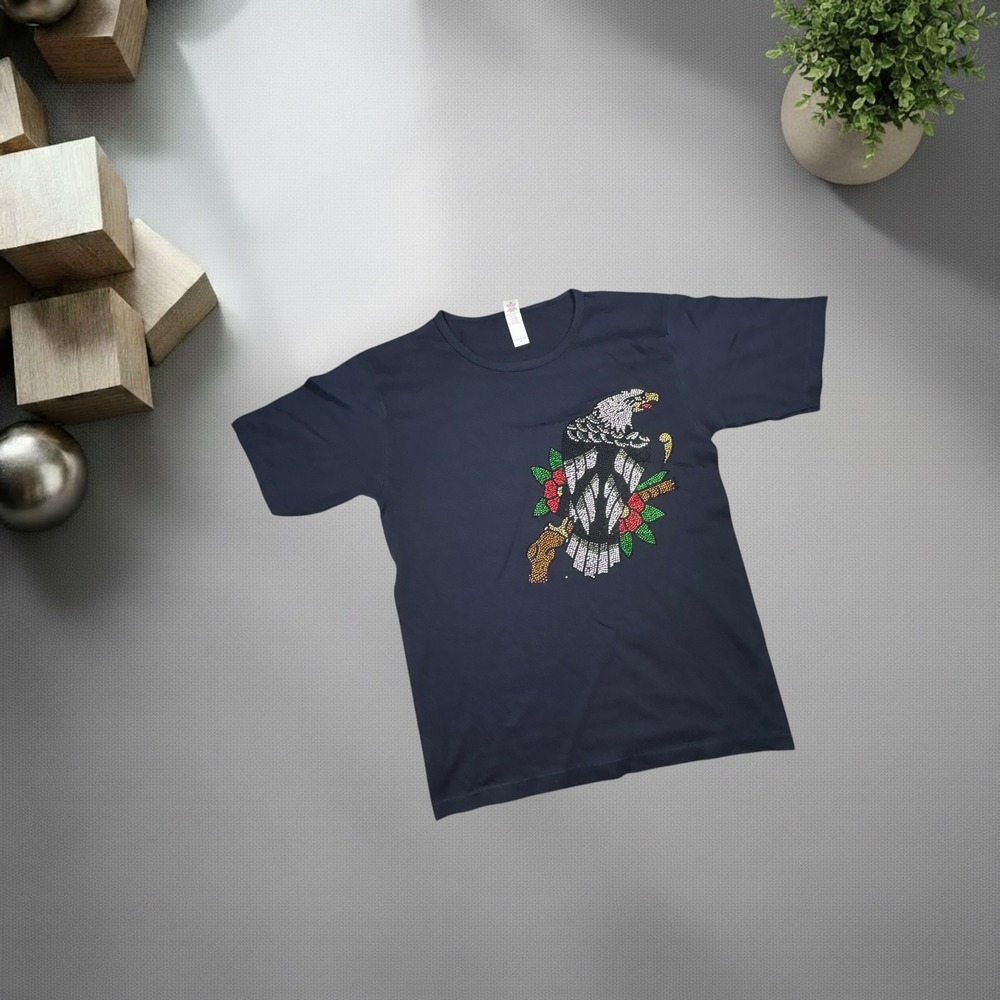 Anvil Rhinestone Eagle Graphic T-Shirt Navy Blue Y2K Grunge Small‎